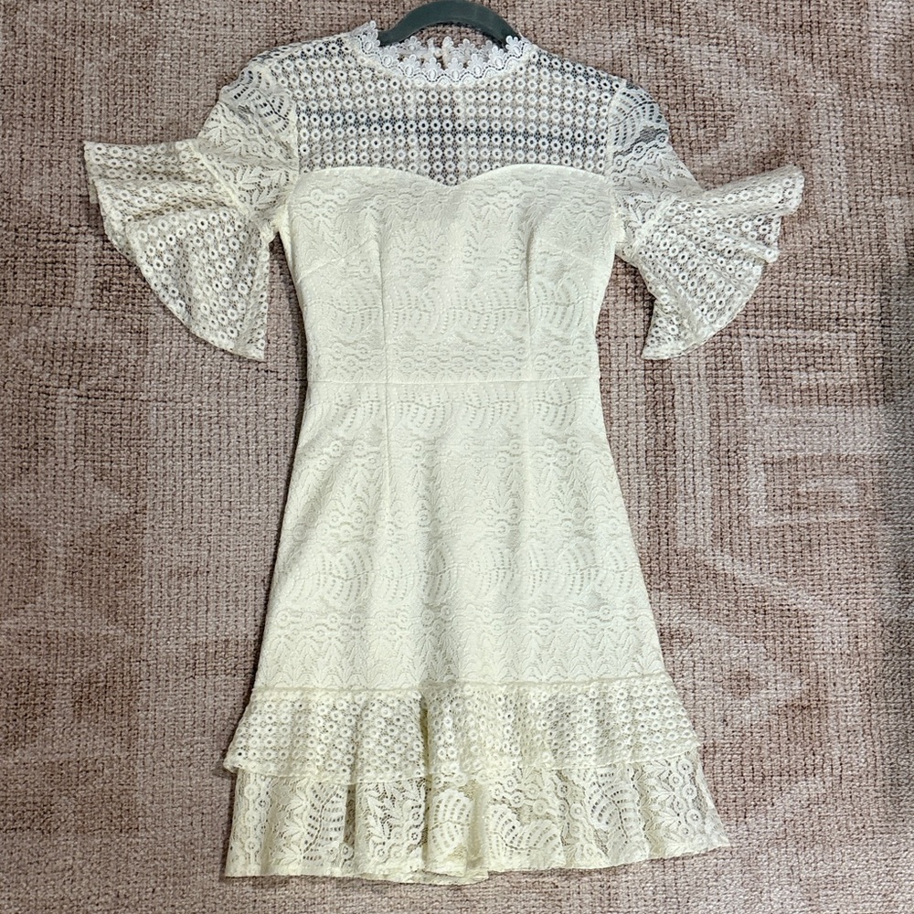 Chic Lace Cream Dress with Ruffle Sleeves